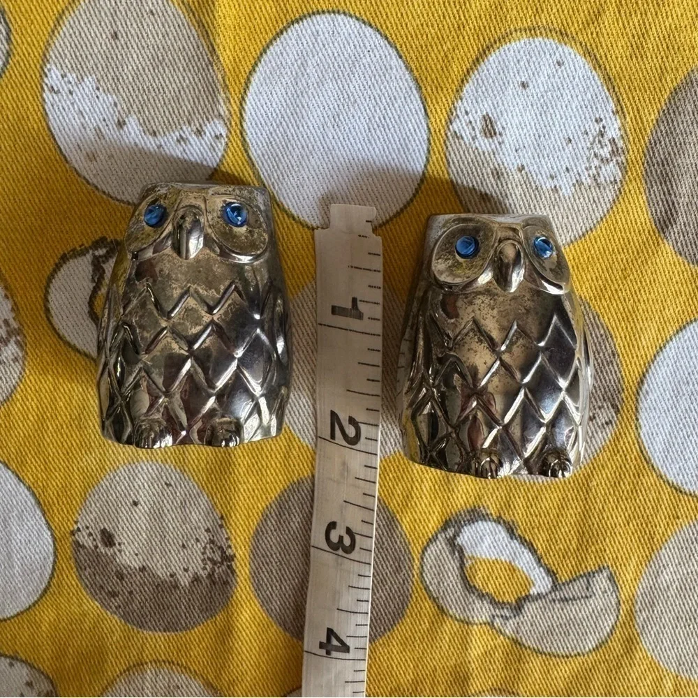 Vintage pewter owl with blue rhinestone eye salt and pepper shaker set